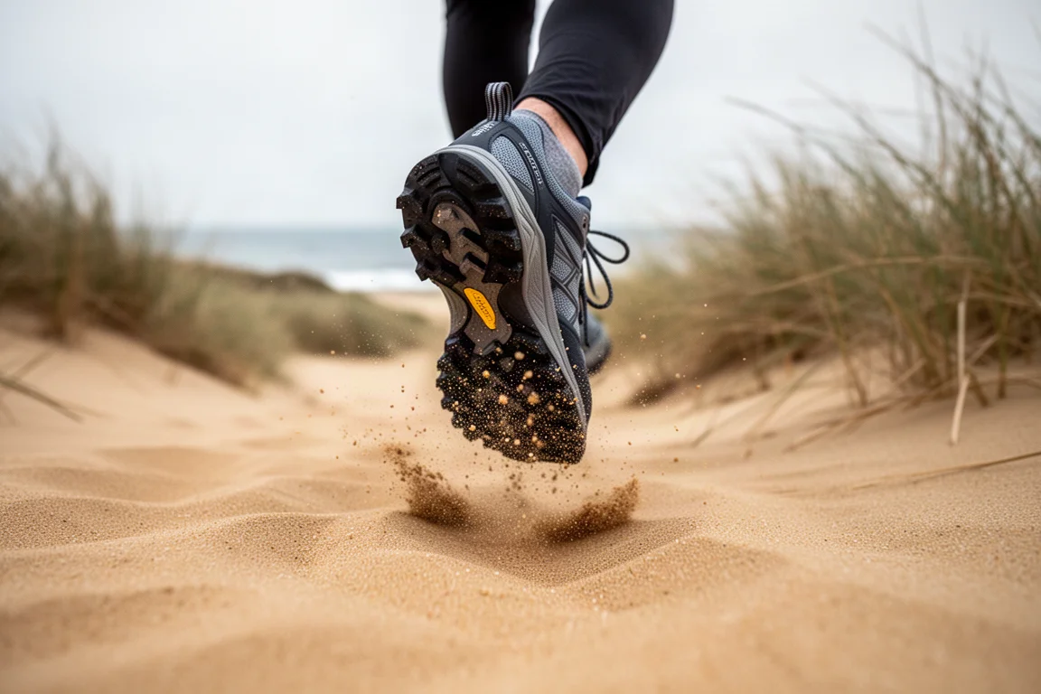 Runner crossing soft sandy ground with sand compressing underfoot