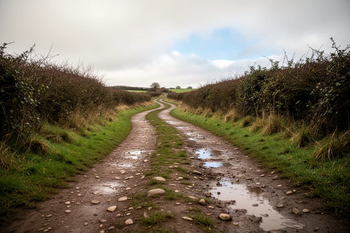 Winding mixed-terrain trail with rocky, muddy and grassy sections under an overcast sky