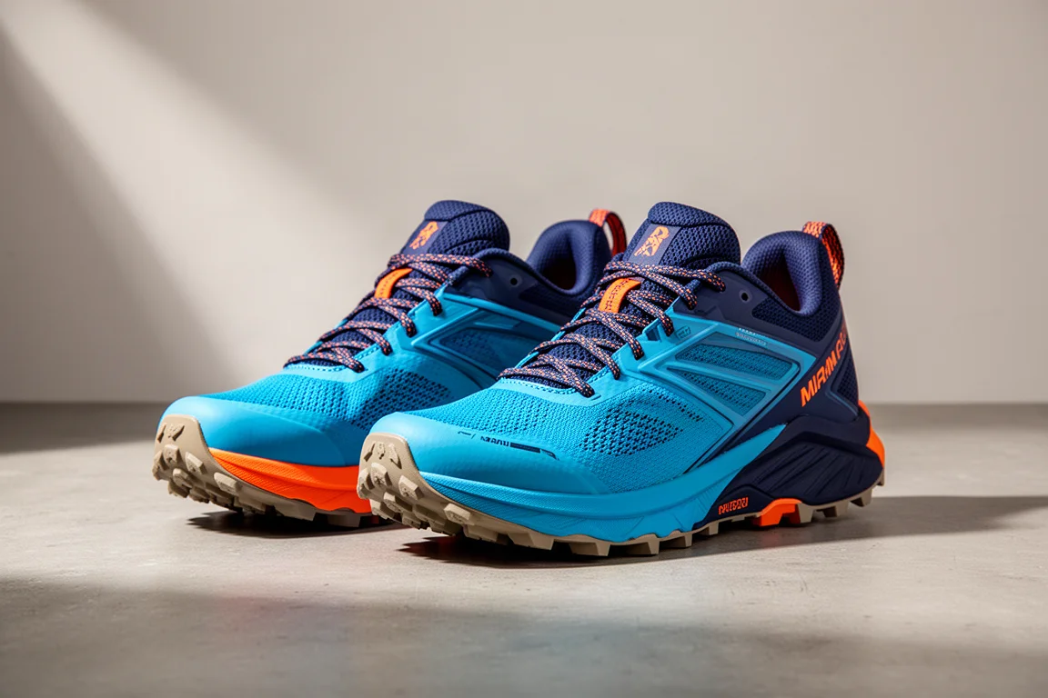 Pair of blue, navy and orange trail running shoes on a concrete surface