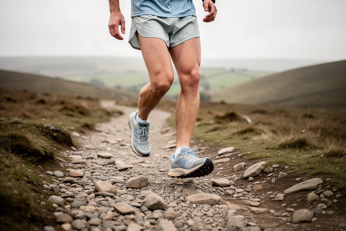 Trail runner walking along a rocky gravel trail in soft daylight