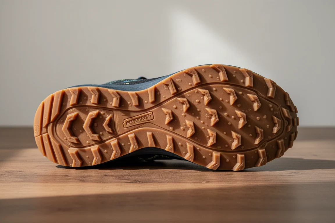 Sole of a trail shoe held up showing lugged rubber outsole pattern