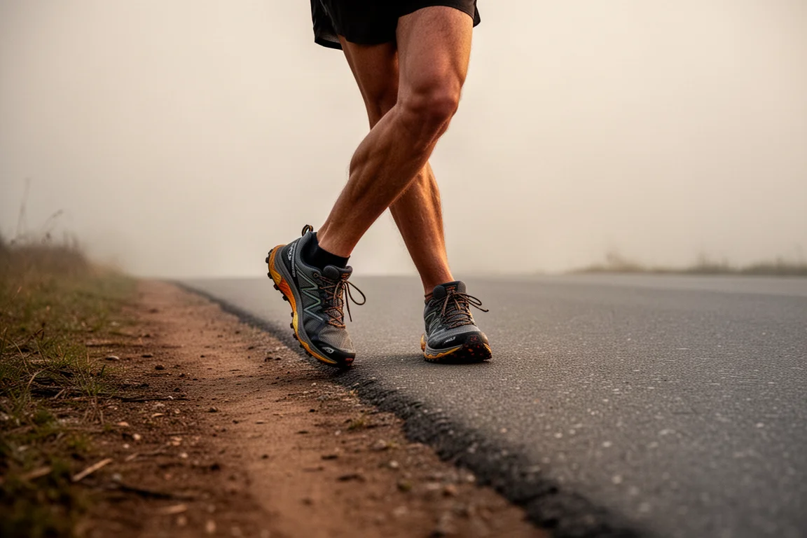Runner crossing from a forest trail onto a section of tarmac road