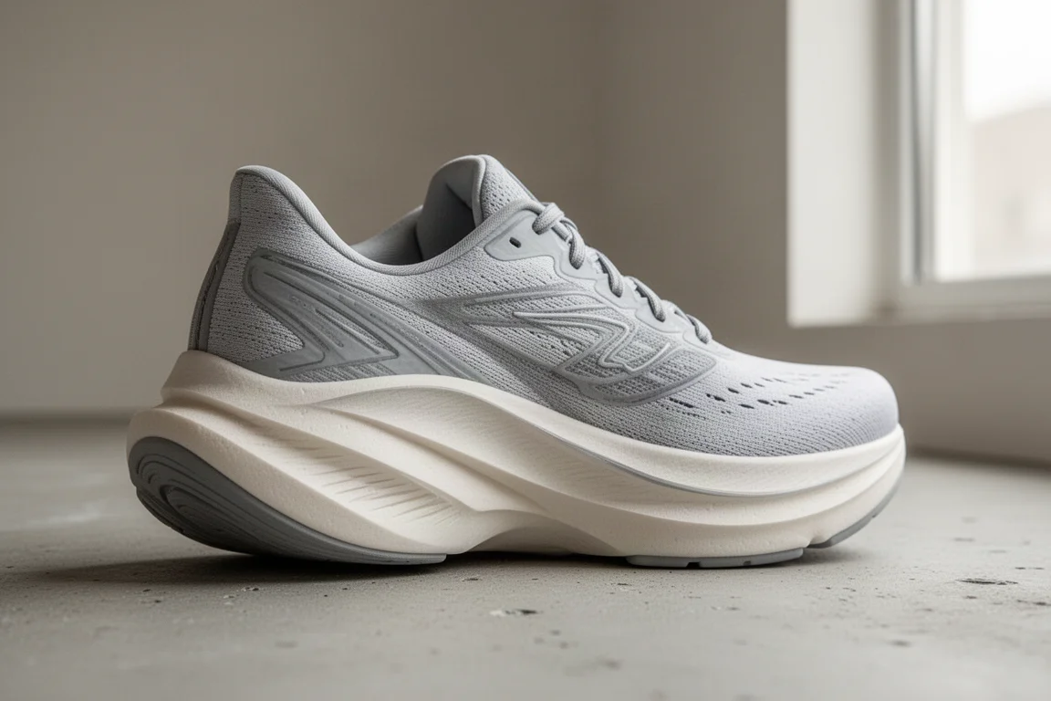 Primo piano della suola intermedia di una scarpa da running con schiuma ammortizzante spessa e geometria a rocker