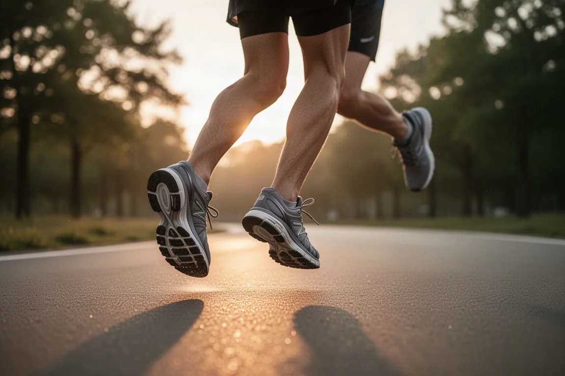 Runner a metà falcata su un sentiero asfaltato nella luce soffusa del mattino