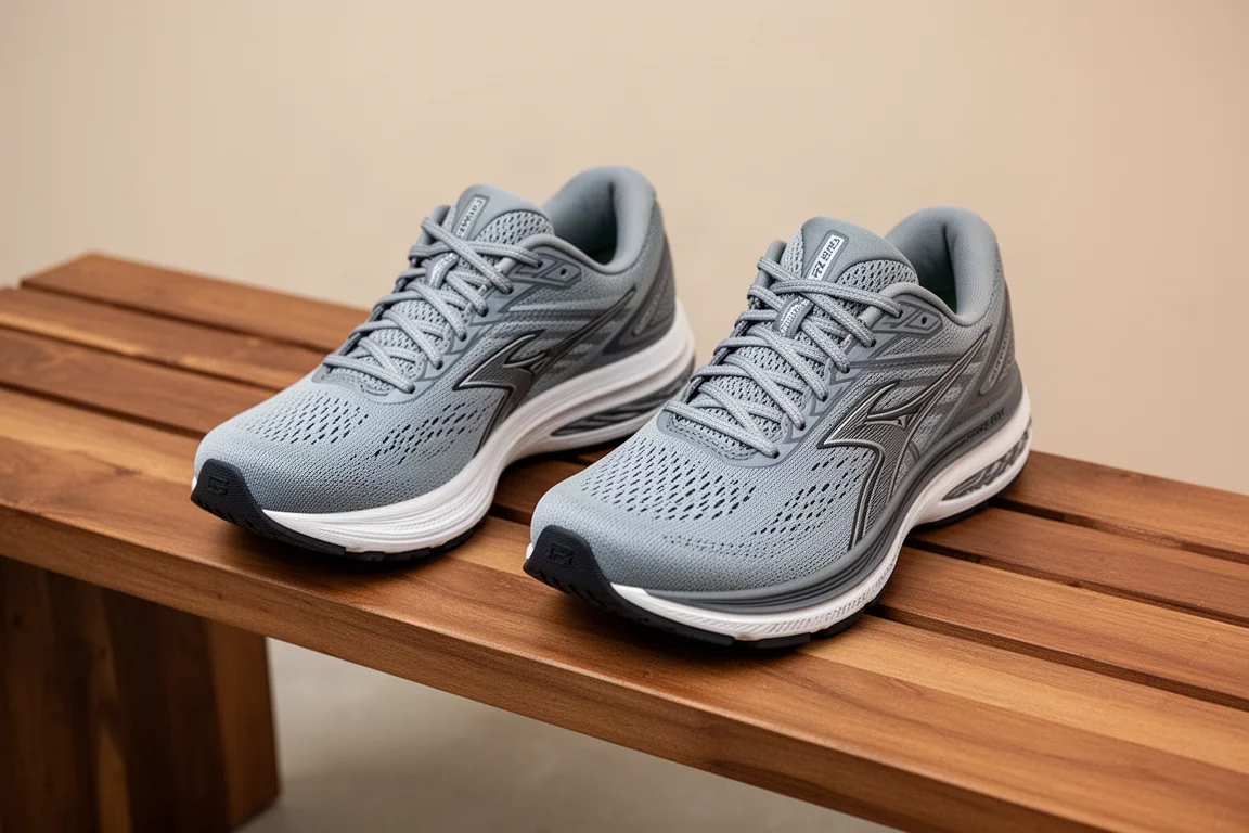 Diverse calzature per scarpe da running esposte su una panchina di legno