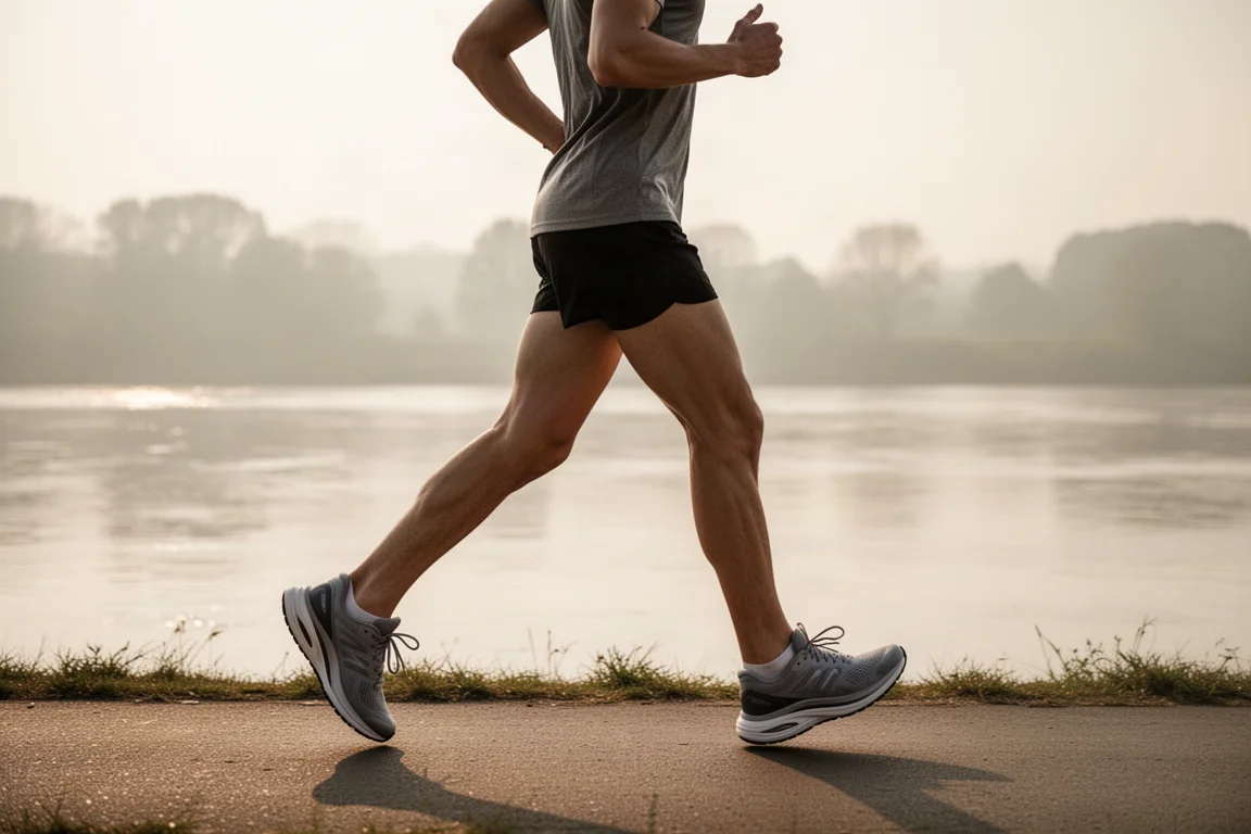 Runner che cammina lungo un sentiero sul fiume con scarpe ammortizzate e comode