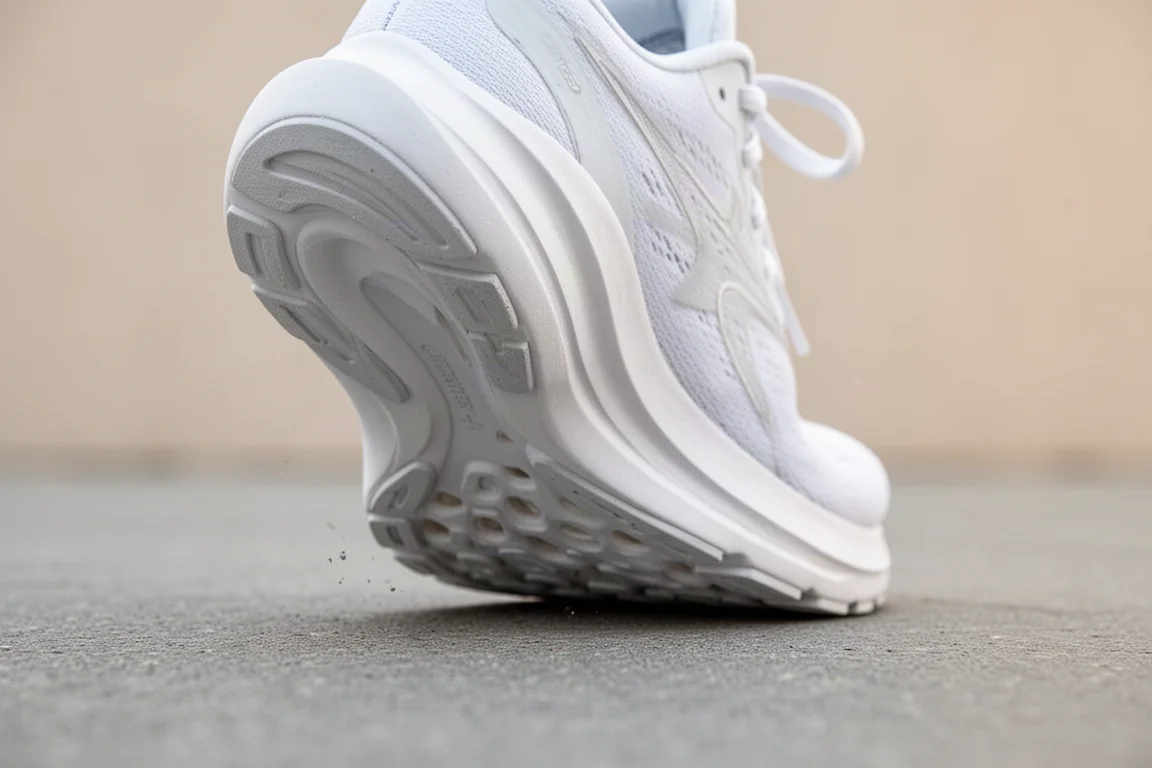 Close-up of a thick white running shoe midsole foam compressing on pavement