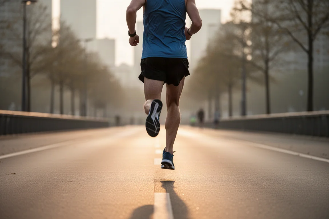 Runner picking up the pace on a city path at dawn