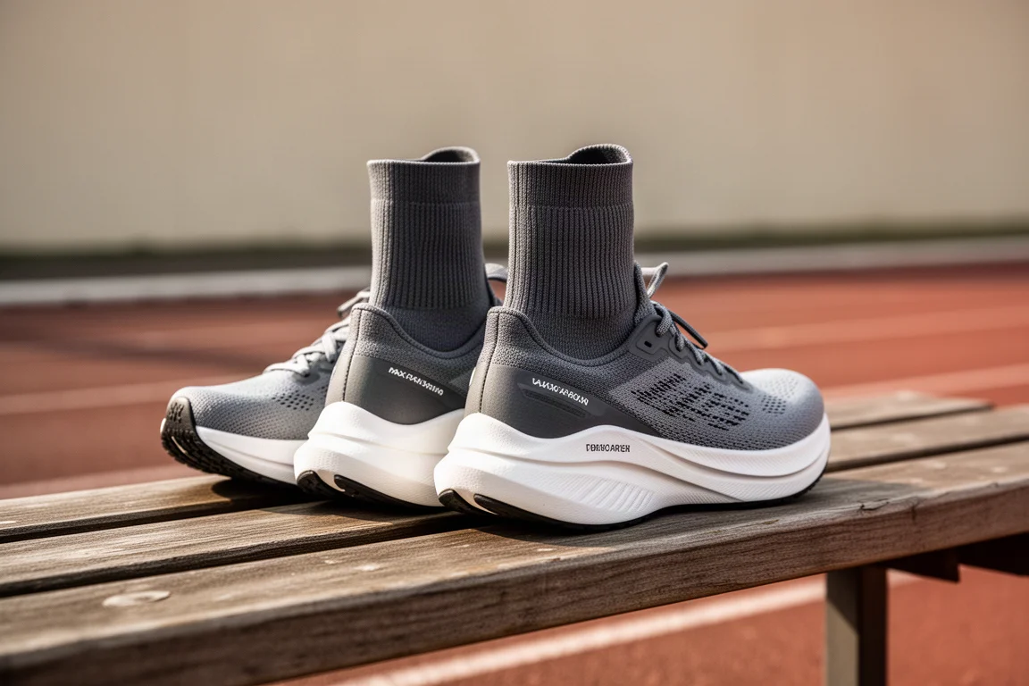 Max cushion road running shoes resting on a trackside bench