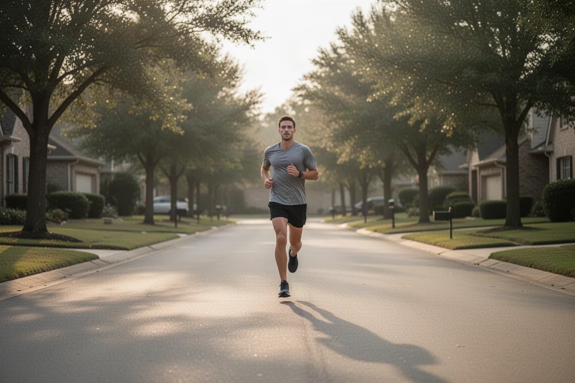 Runner pausing mid-recovery-jog on a quiet suburban road