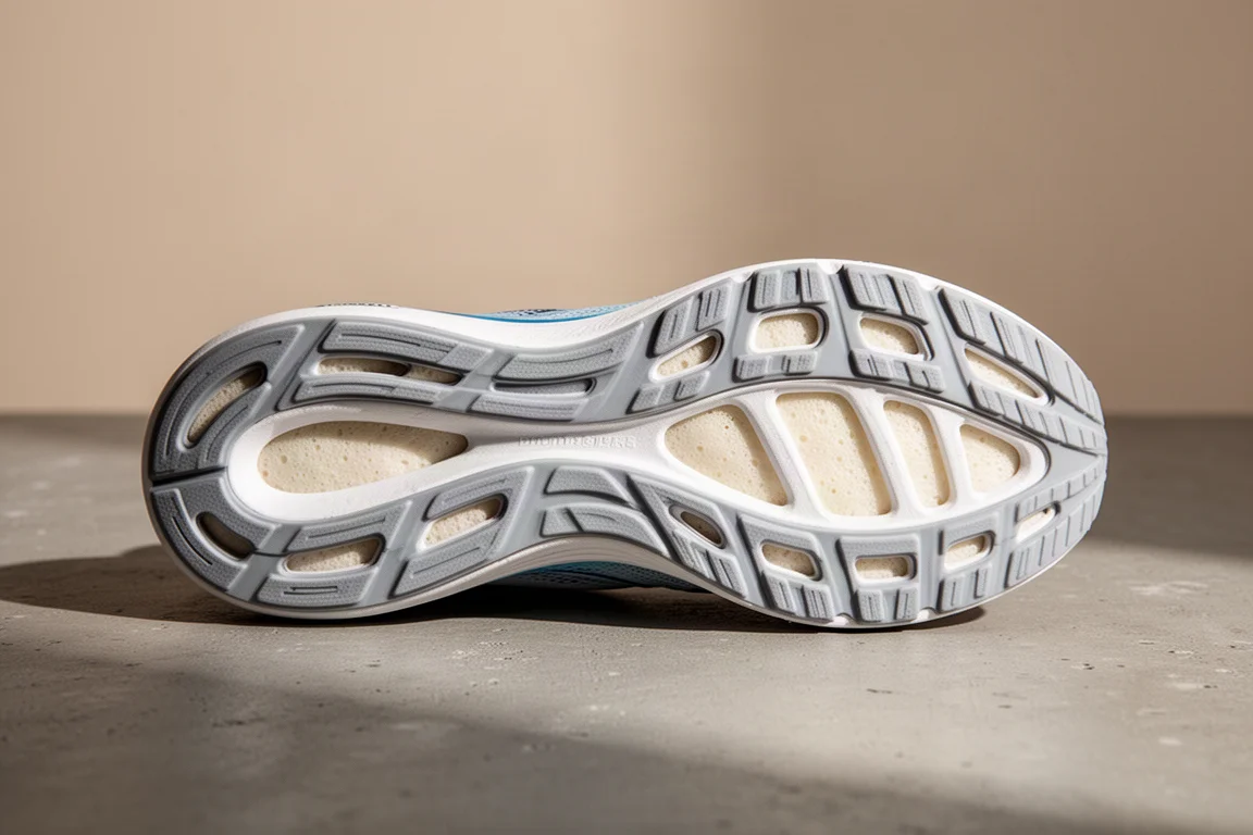 Close-up van de buitenzool van een lichte hardloopschoen met rubber uitsnijdingen