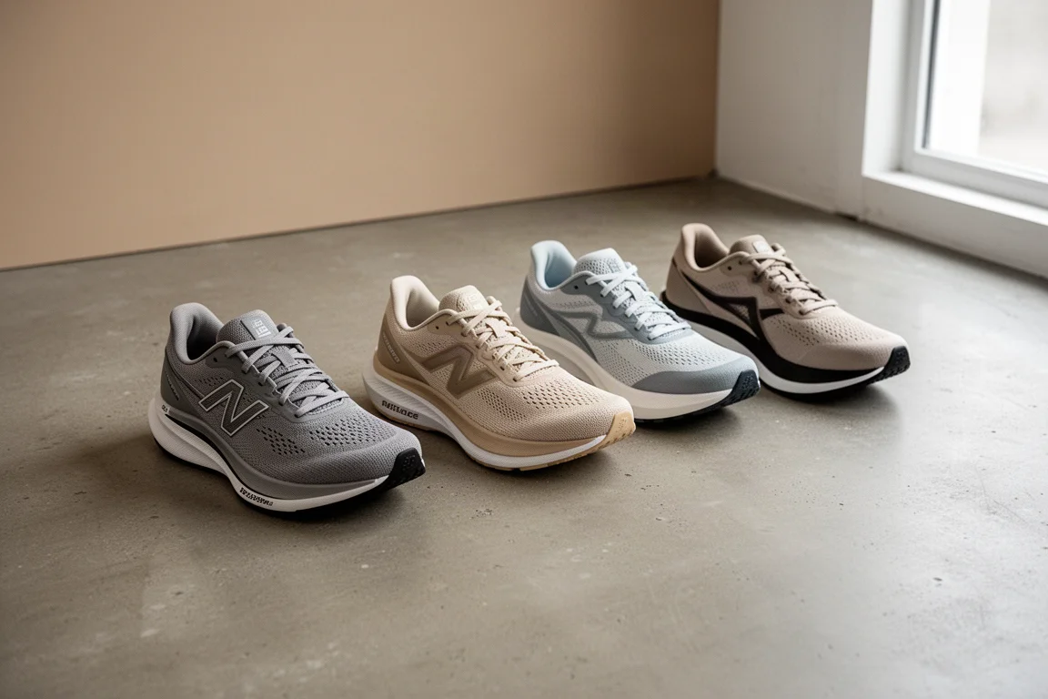Rij hardloopschoenen naast elkaar op een betonnen vloer