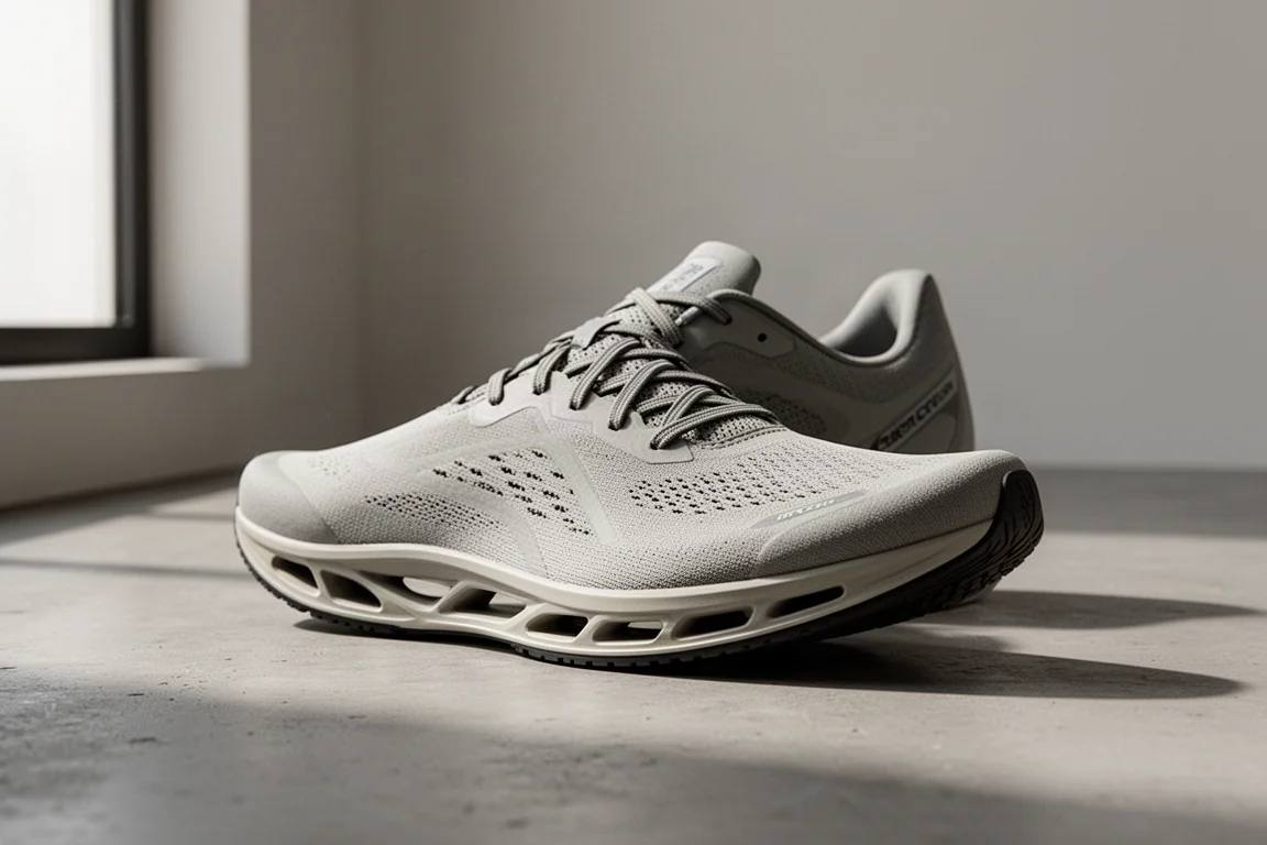 Low-profile road running shoe on a matte concrete surface