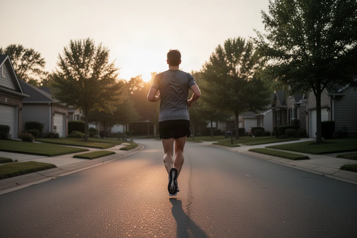 跑者在黃昏時分於寧靜的郊區道路以輕鬆恢復配速慢跑