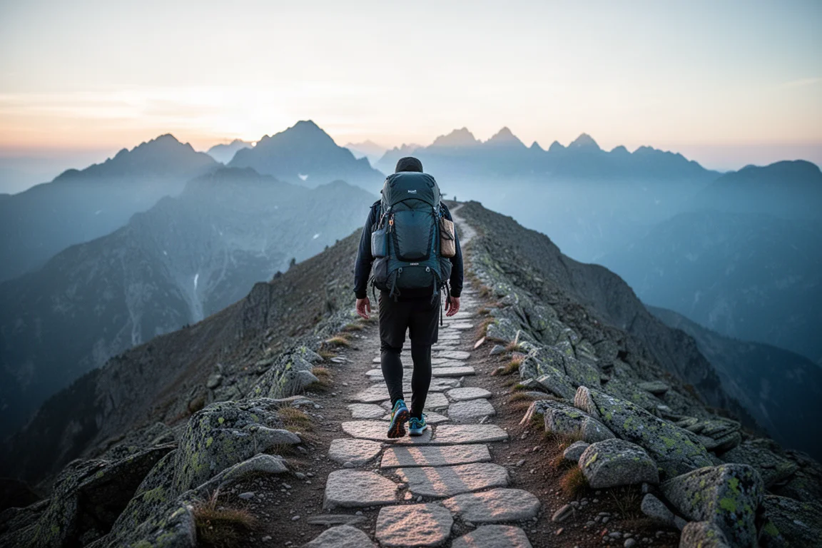 Wanderer auf einem steinigen Alpenweg, niedriger Winkel zeigt einen breiten Trail-Schuh im Schritt