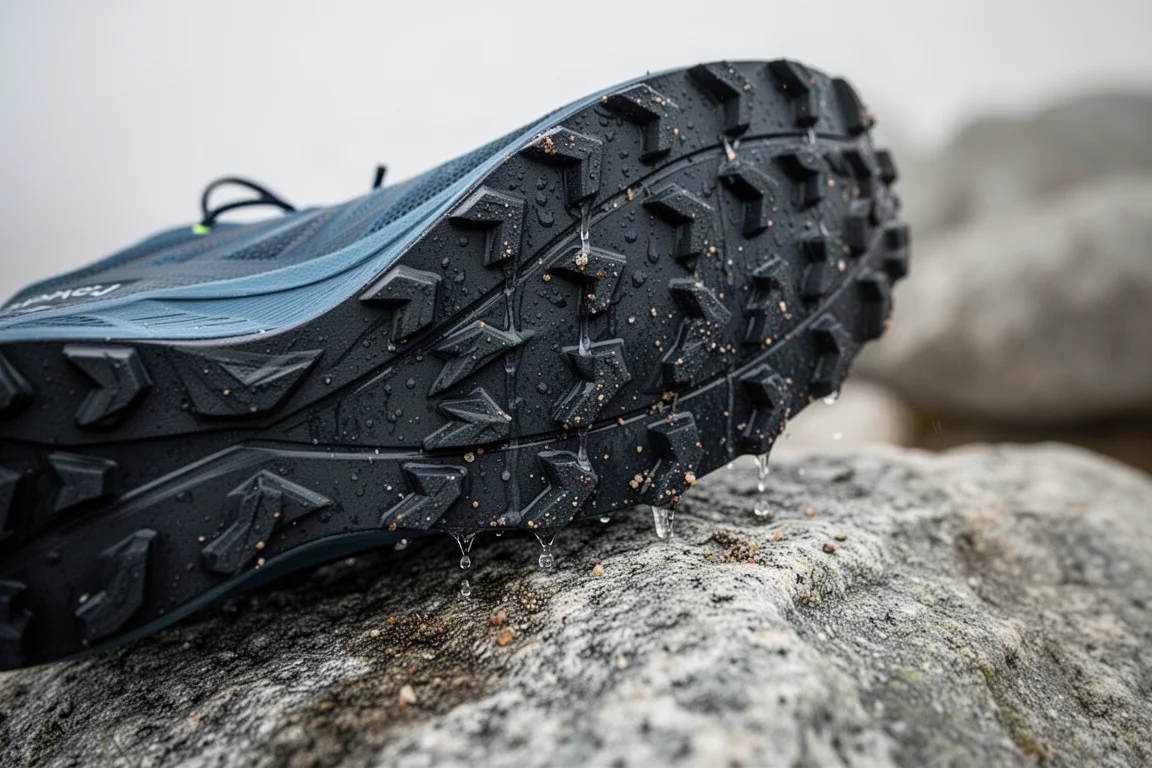 Nahaufnahme eines gewebten Mesh-Trail-Schuh-Obermaterials mit Webstruktur und Overlays