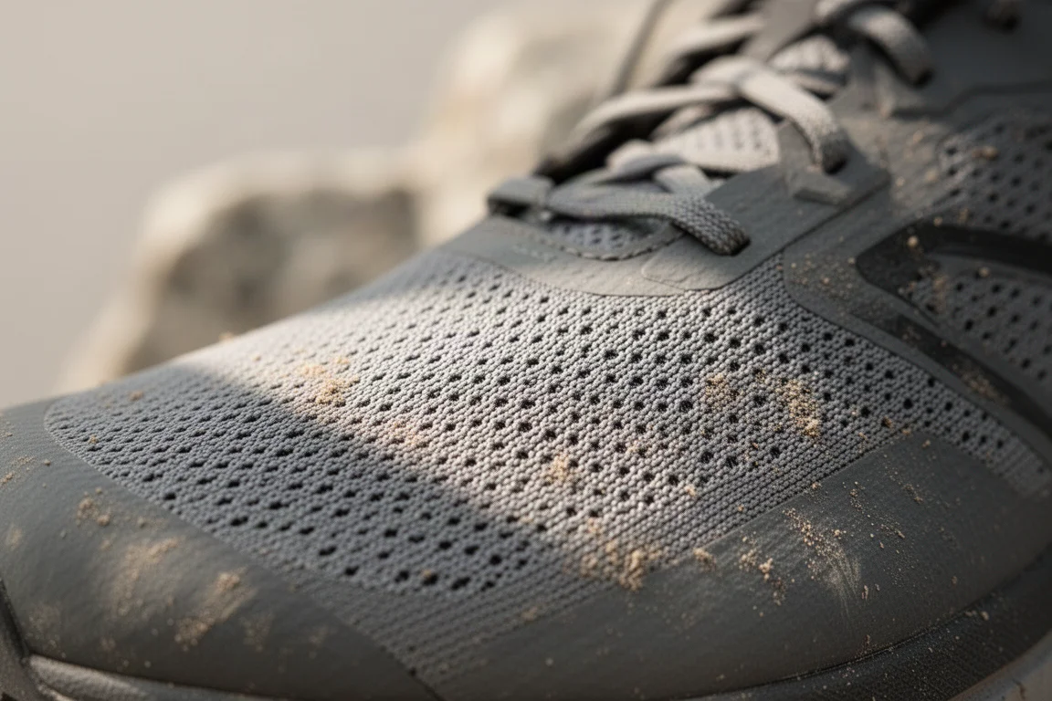 Trailrunning-Schuhe am Trailhead neben einem Tagesrucksack und einer gefalteten Karte