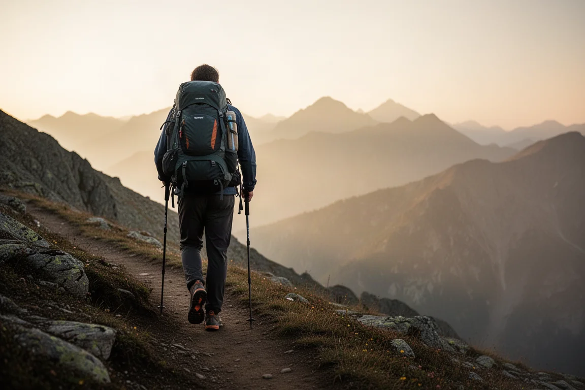 Wanderer mit beladenem Rucksack beim Abstieg über einen langen Bergkamm in der Dämmerung