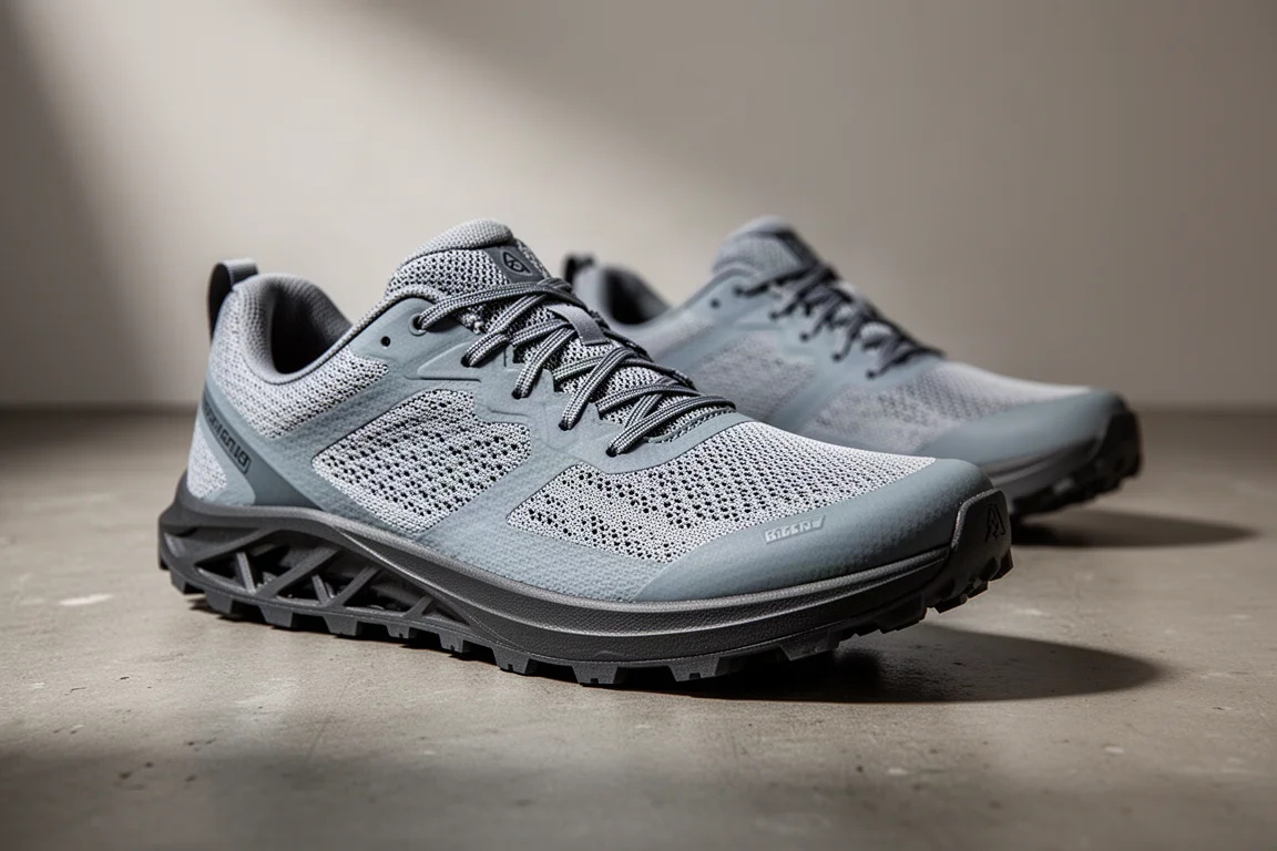 Scarpa da trail running zero-drop dal profilo basso in mesh grigio su una superficie di cemento opaco