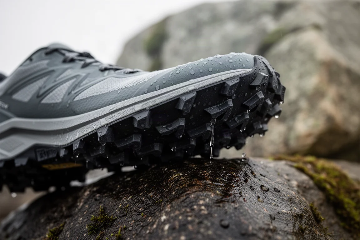 Primo piano dell'intersuola di una scarpa da trail che aderisce a una lastra di granito bagnata con gocce d'acqua