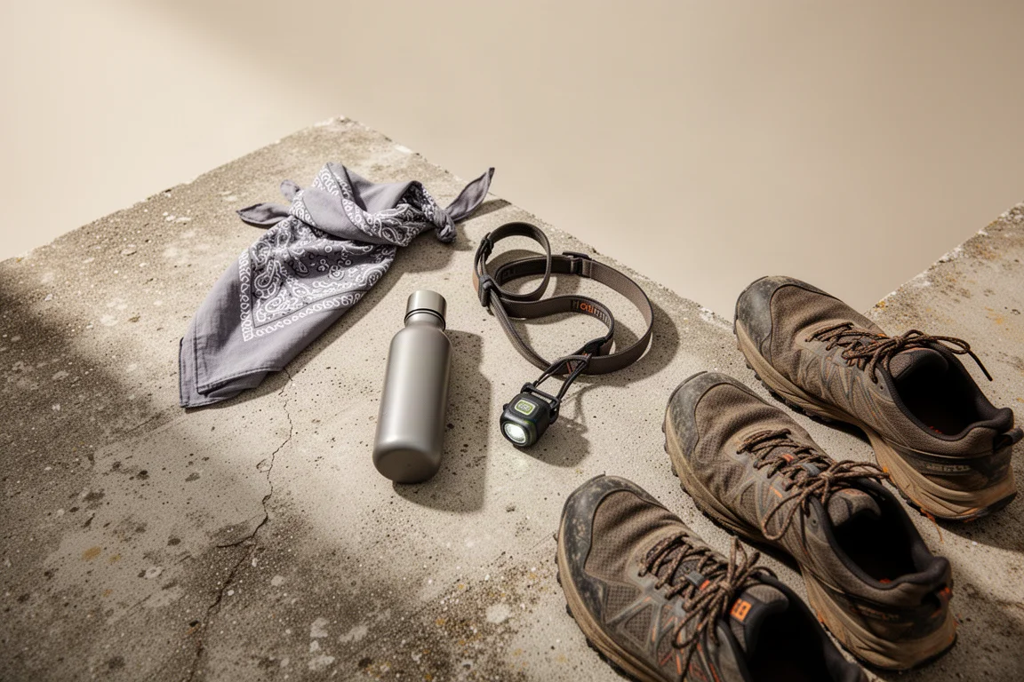 Scarpa da trail distesa con la soletta sollevata accanto a una soletta di ricambio e a delle forbici