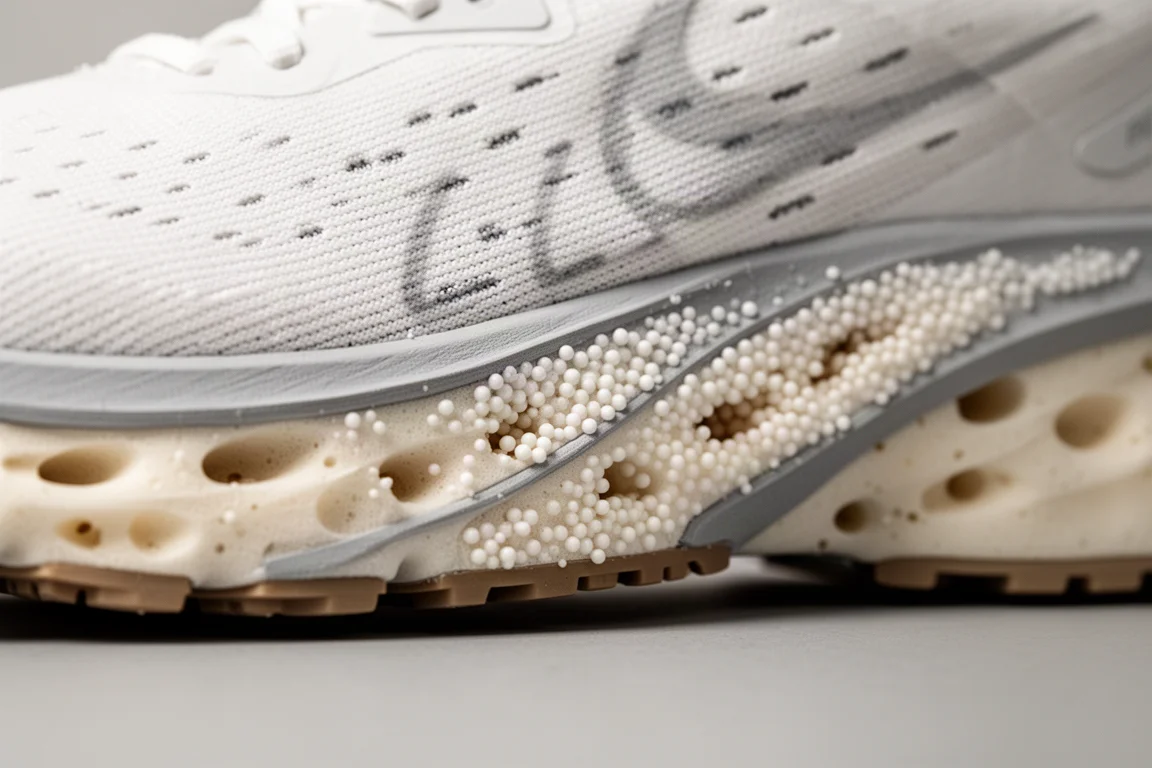 Gros plan sur une semelle intermédiaire en PEBAX perle d'une chaussure de running, montrant la texture de la mousse