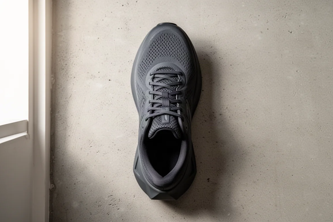 Vue de dessus du toe box large en forme de pied d'une chaussure de running