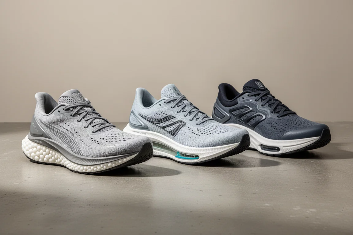 Three running shoes lined up on a concrete surface for comparison