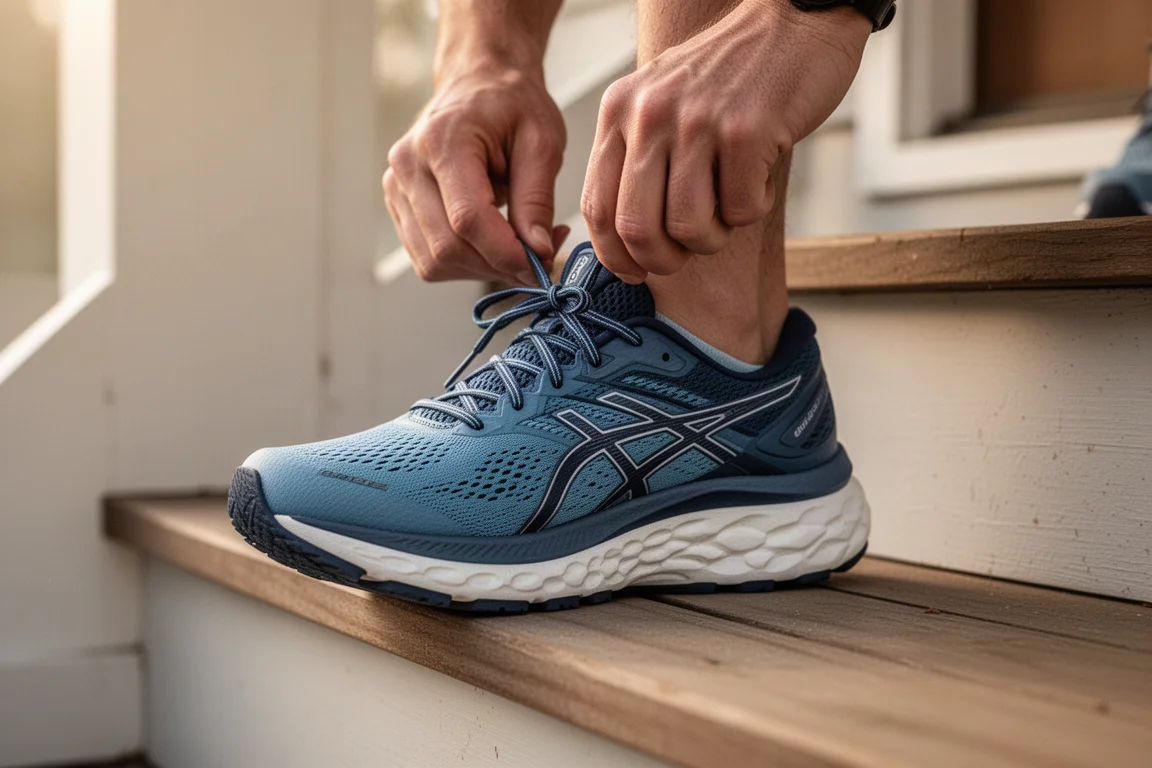 Corredor atándose los cordones de una zapatilla de running en asfalto con una mediasuela de espuma gruesa