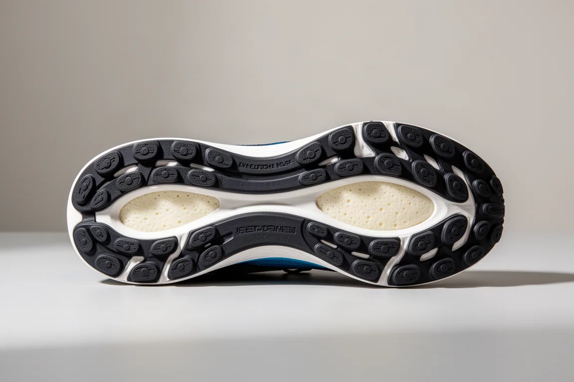 Suela exterior de una zapatilla de running con un patrón de tracción de goma visto desde abajo