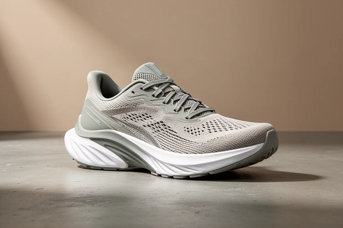 Scarpa da running su strada con intersuola in foam spessa e rocker su superficie di cemento