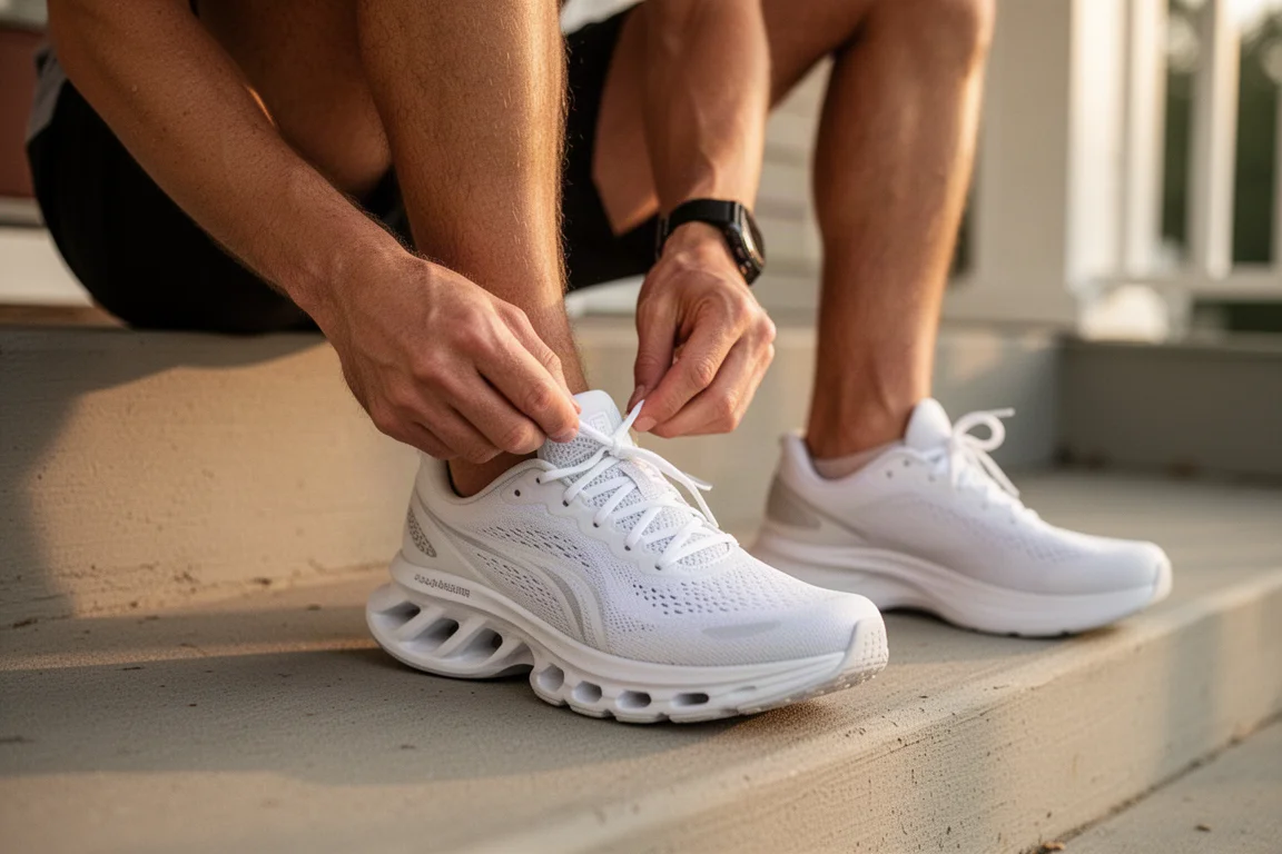 Corredor atándose los cordones de una zapatilla con antepié ancho en una mañana de verano