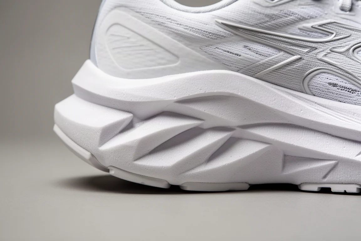 Primer plano de una mediasuela de espuma esculpida y gruesa en una zapatilla de running