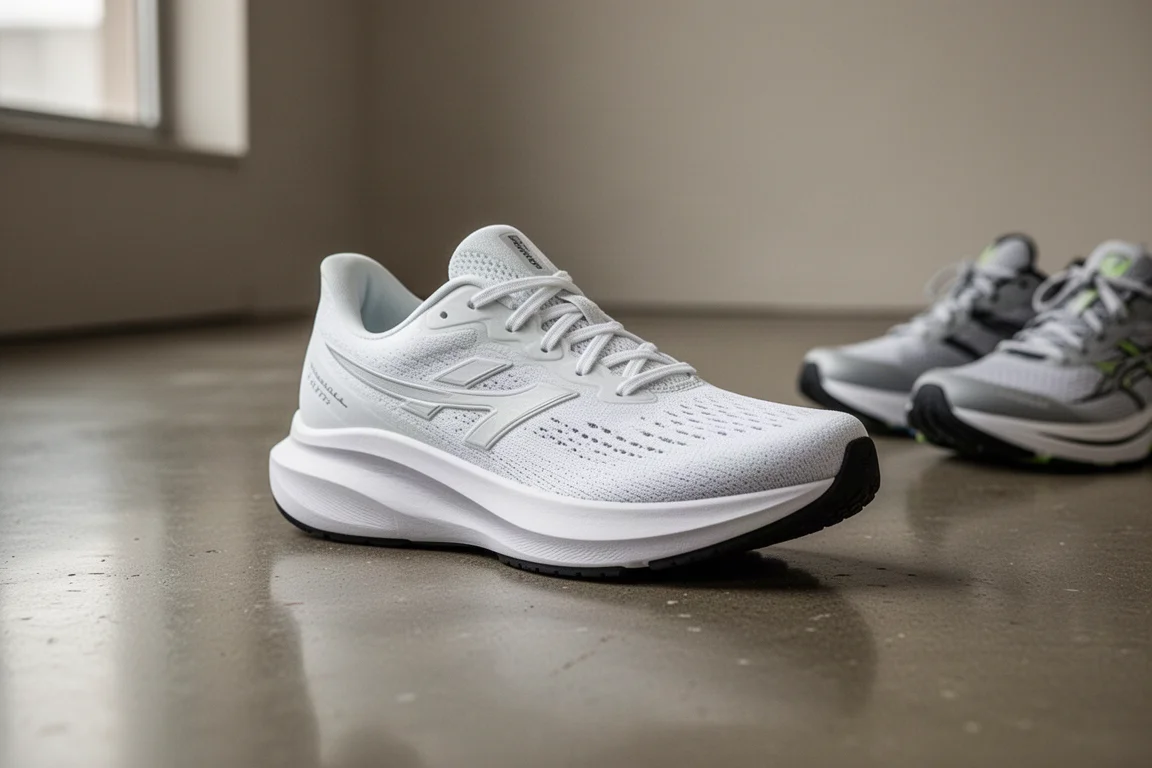 Zapatilla de running apoyada en el suelo de un gimnasio junto a otros entrenadores