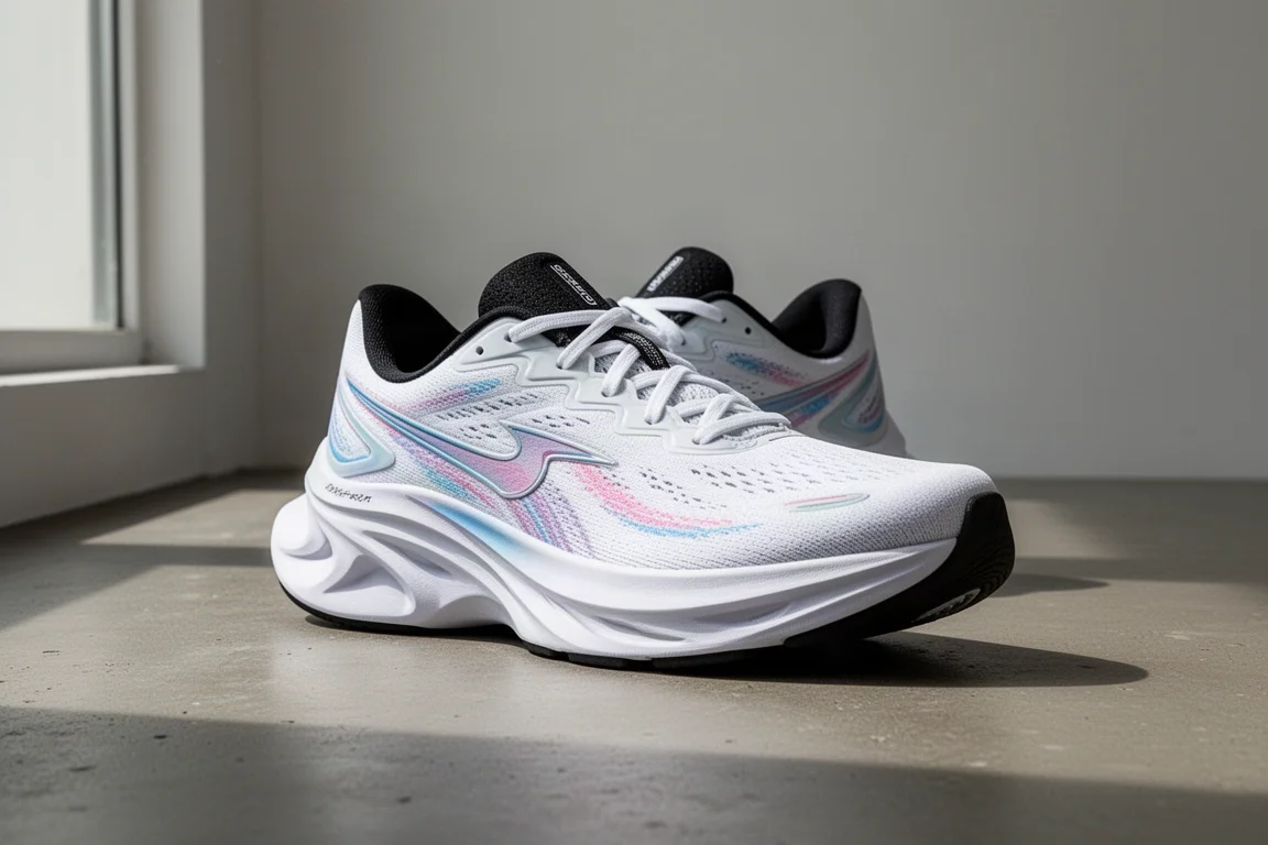 White Topo Specter 3 running shoe with wide forefoot on concrete surface