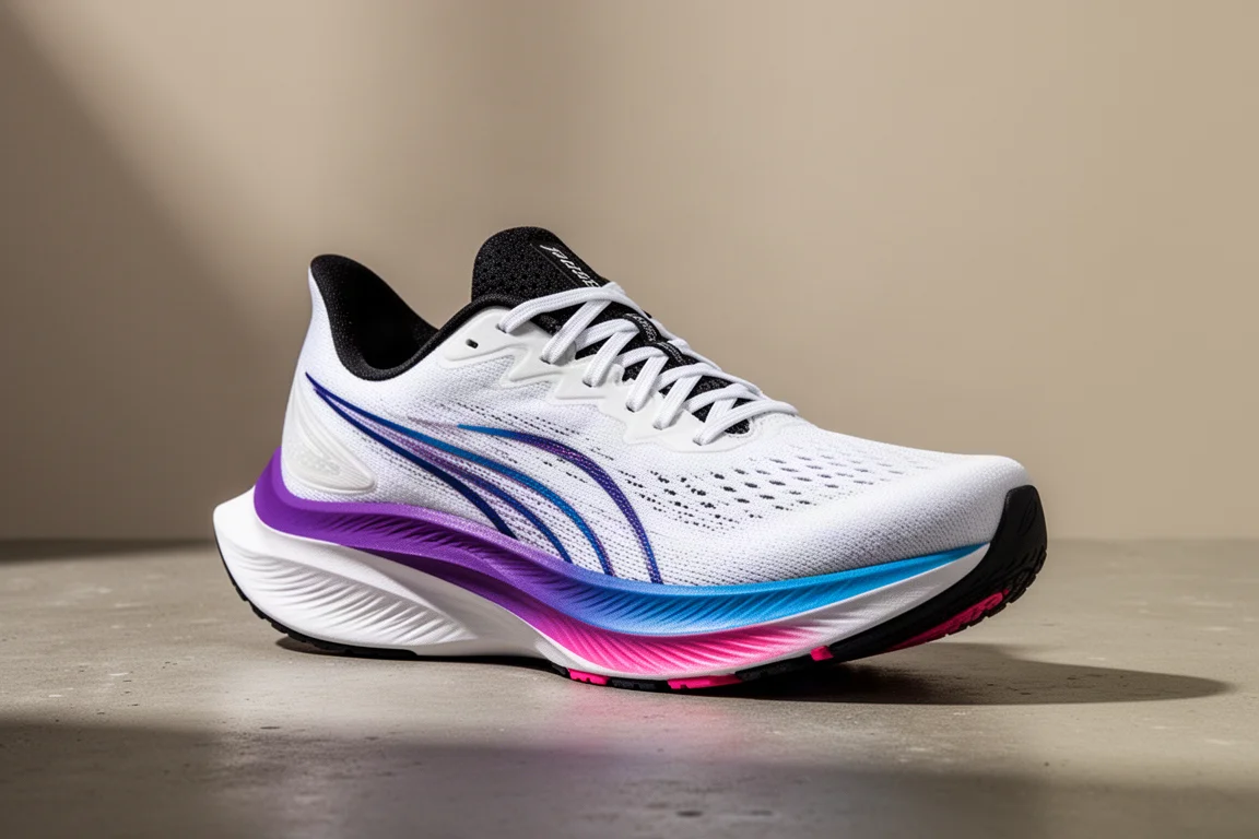 White Topo Specter Elite running shoe with colorful midsole on concrete surface