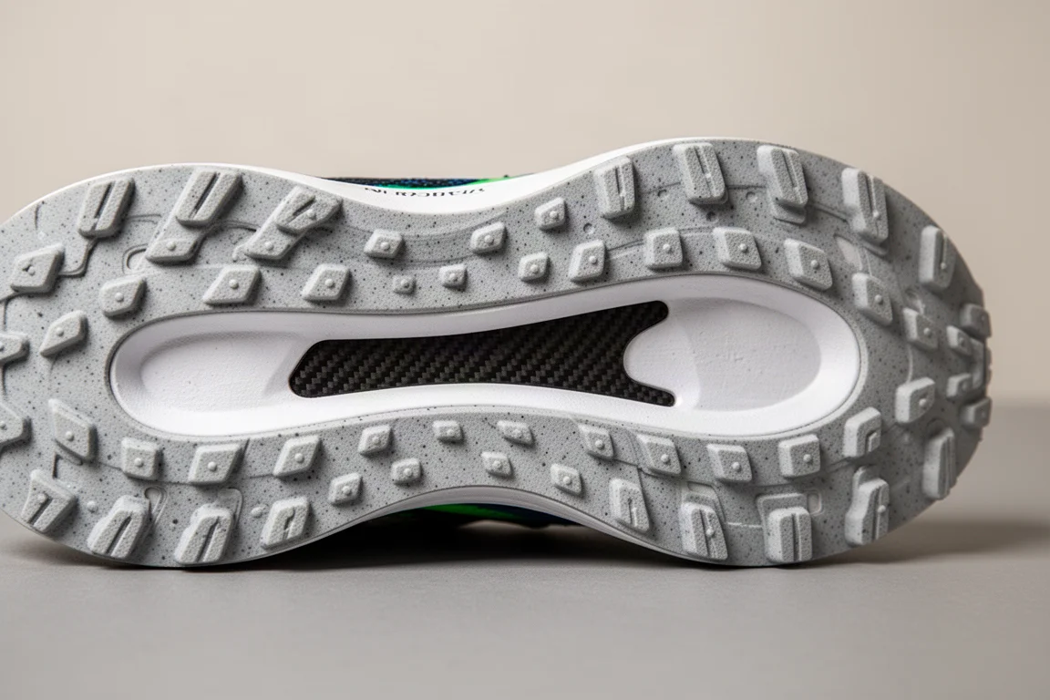 Primo piano di una placca in carbonio visibile attraverso una finestra ricavata nell'intersuola di una scarpa da running