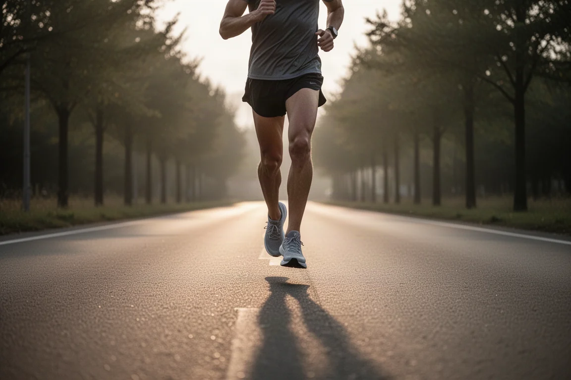Un runner si allena su una strada tranquilla a ritmo moderato nella luce del mattino