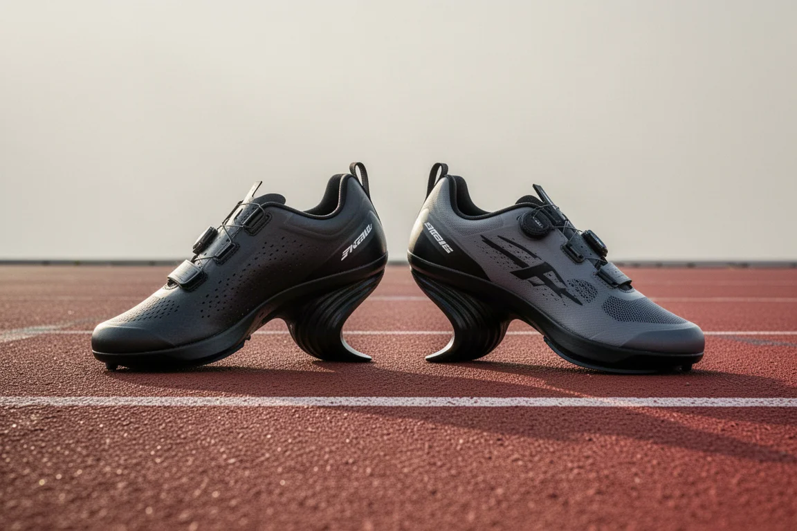 Scarpe da gara allineate su una pista prima di un allenamento