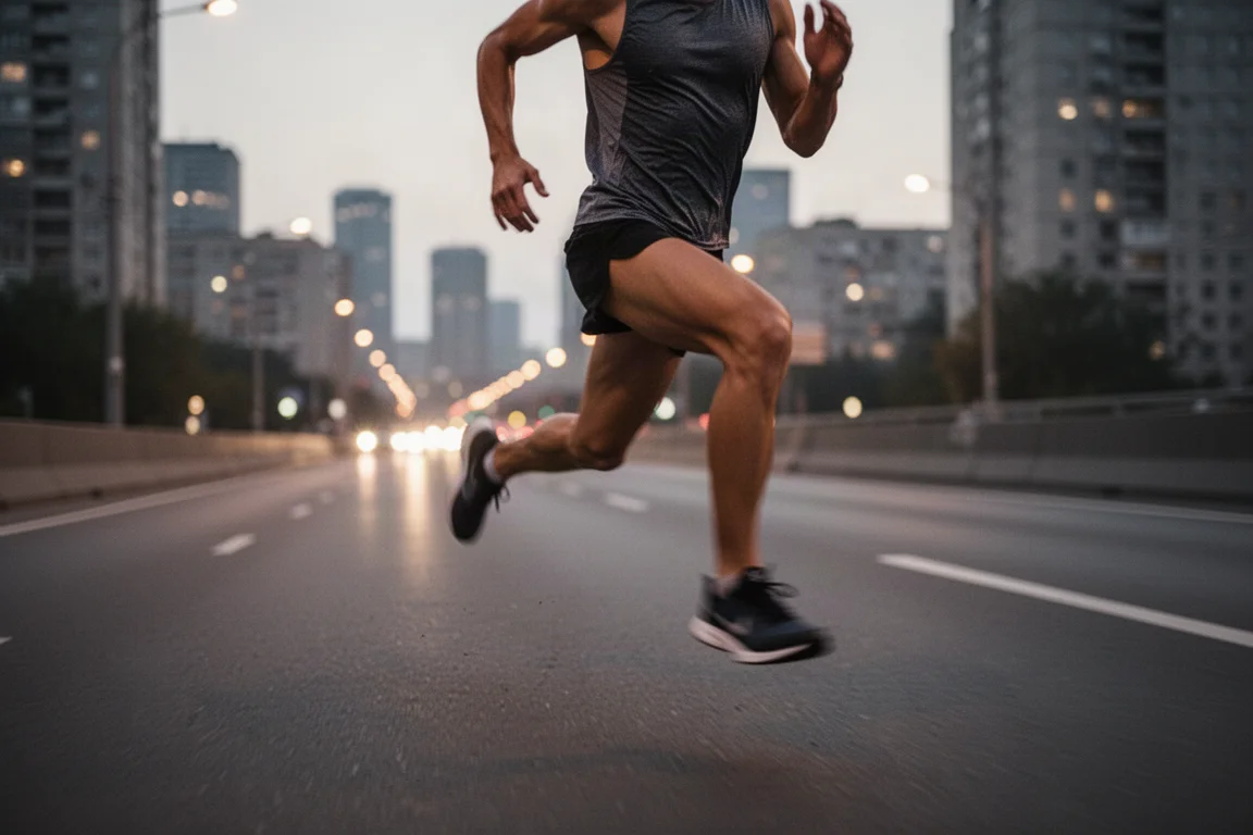 Un runner spinge durante work a intervalli veloci su una strada urbana al tramonto