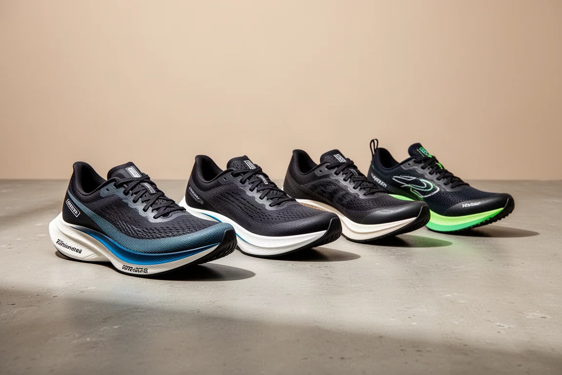 Four road running shoes lined up on a concrete surface