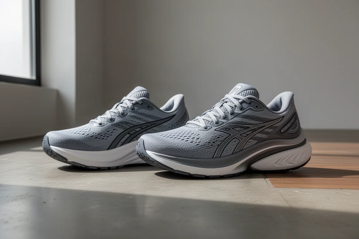 Twee hardloopschoenen naast elkaar op beton met verschillende hoogtes van de tussenzool