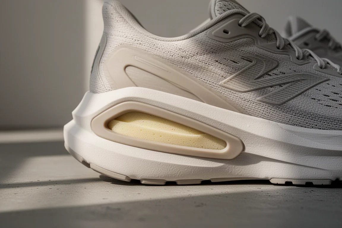 Close-up of the thick midsole of a running shoe resting on a concrete surface