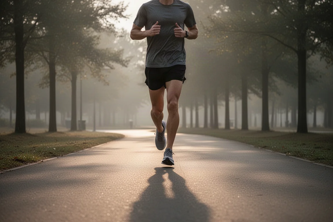Runner jogging at dawn on a quiet paved path