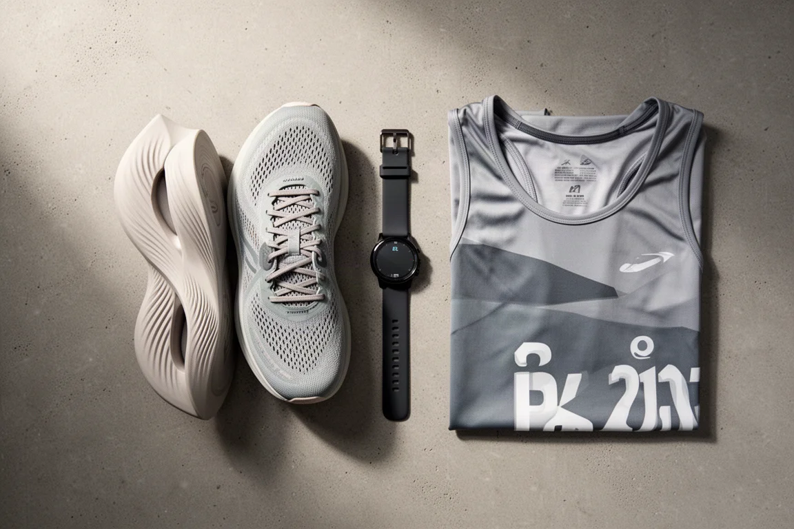 Overhead flat-lay of a running shoe and small running essentials on concrete