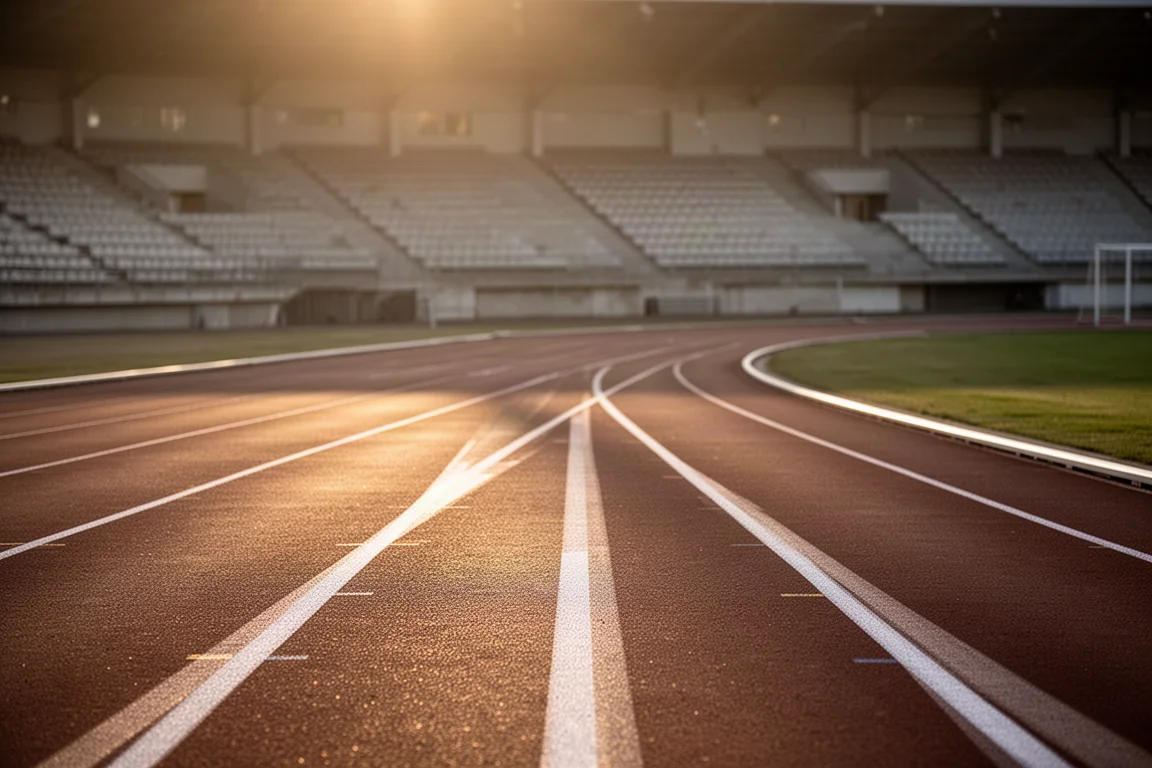 Track at golden hour with lanes stretching into the distance