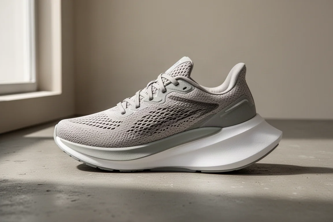Lightweight running shoe with thick flared midsole on a concrete surface