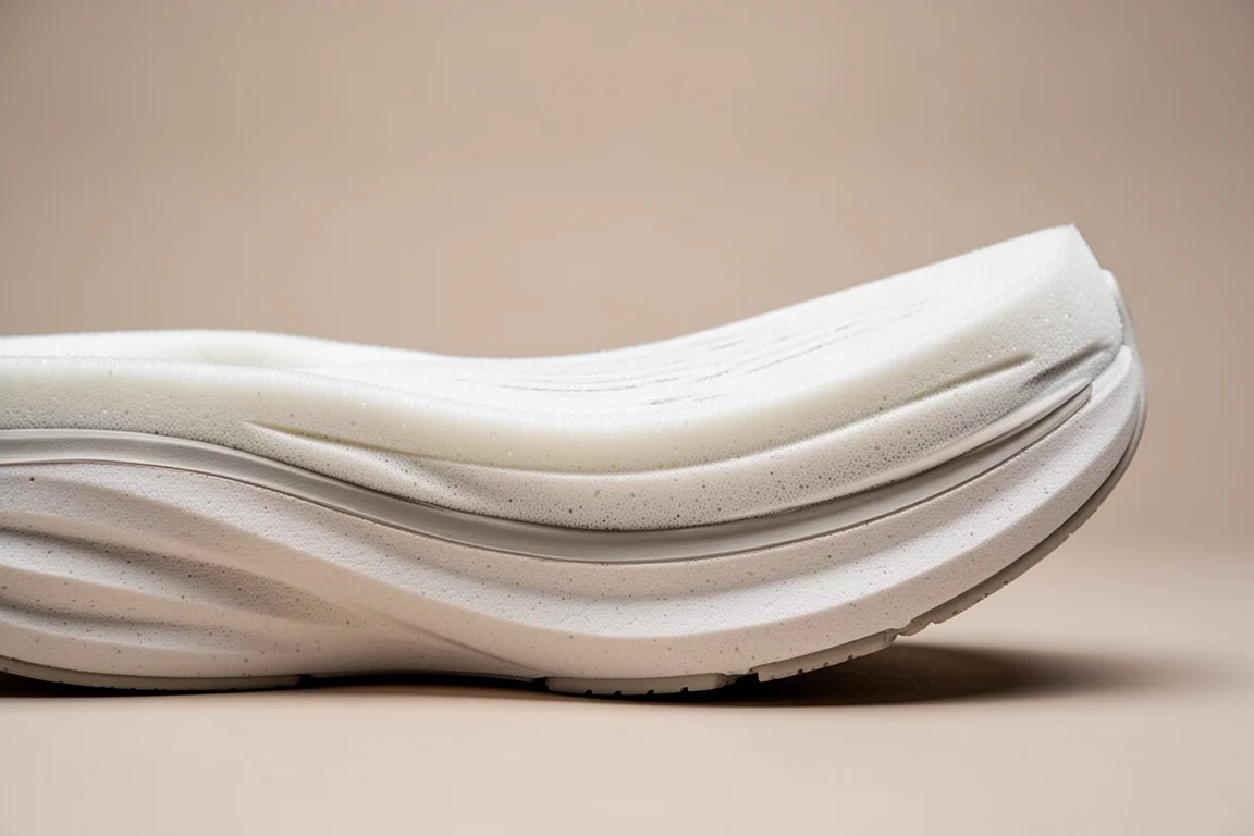 Seitenprofil eines Laufschuh-Midsoles mit dickem Stack und sichtbaren Schaumschichten