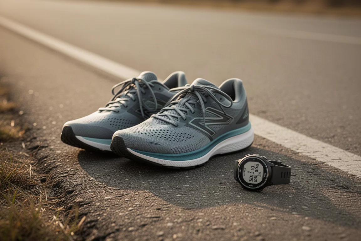 Laufschuhpaar auf dem Straßenrand, daneben eine Trainingsuhr