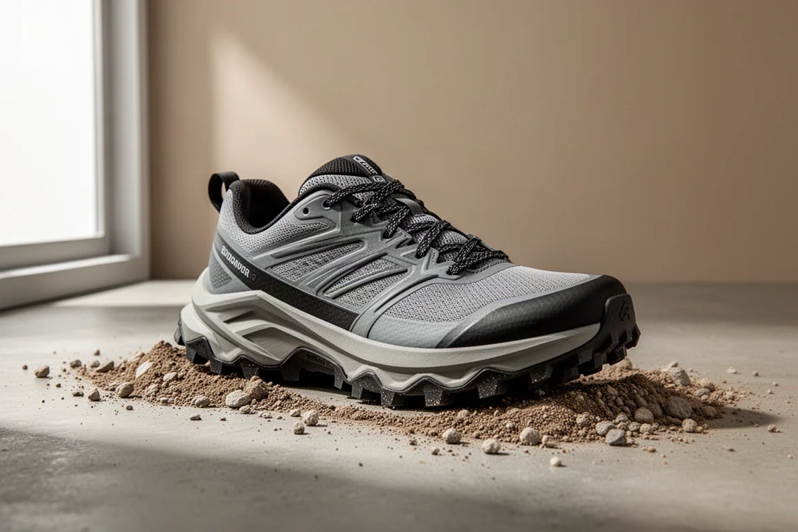 Maximalist trail running shoe with lugged outsole on a concrete surface